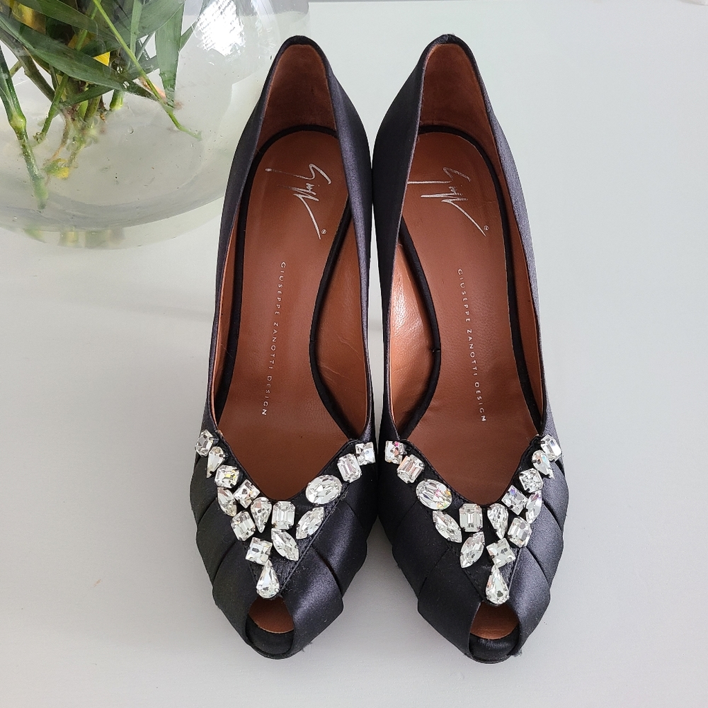 Giuseppe Zanotti black satin embellished peep-toe pumps